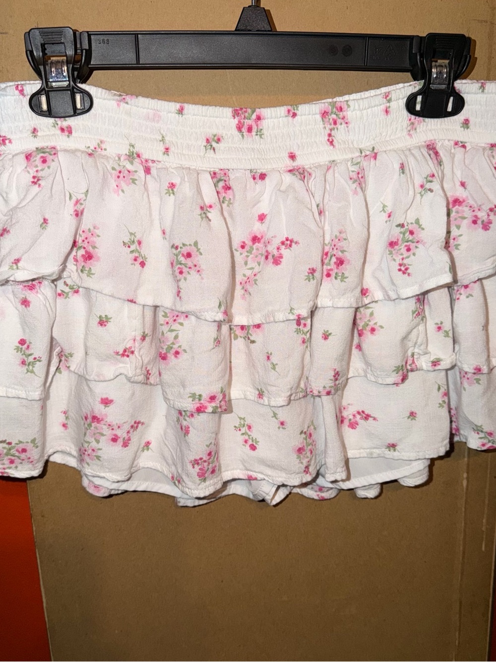 Hollister Tiered White Mini Skirt with Pink Floral Print